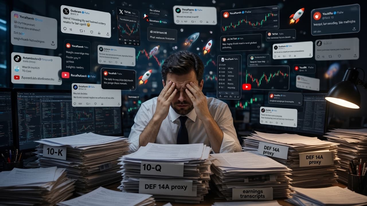 An investor at a desk buried in unread filings, crowded by social-media stock tips and hype