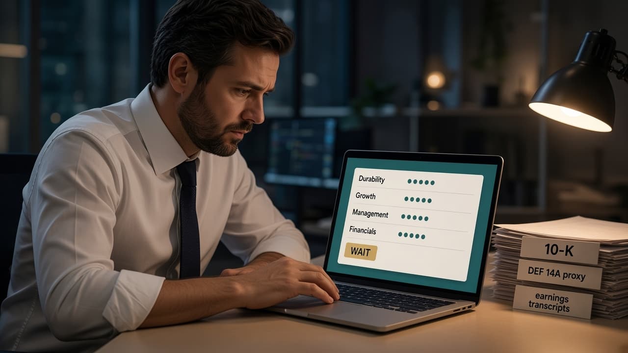 An investor reviewing a calm AGInvest report with pillar scores and a wait thesis, filings already read