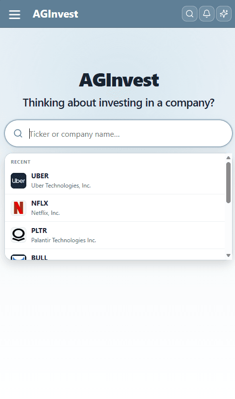 AGInvest search: type a ticker or company name, with recent names like Uber, Netflix, and Palantir.