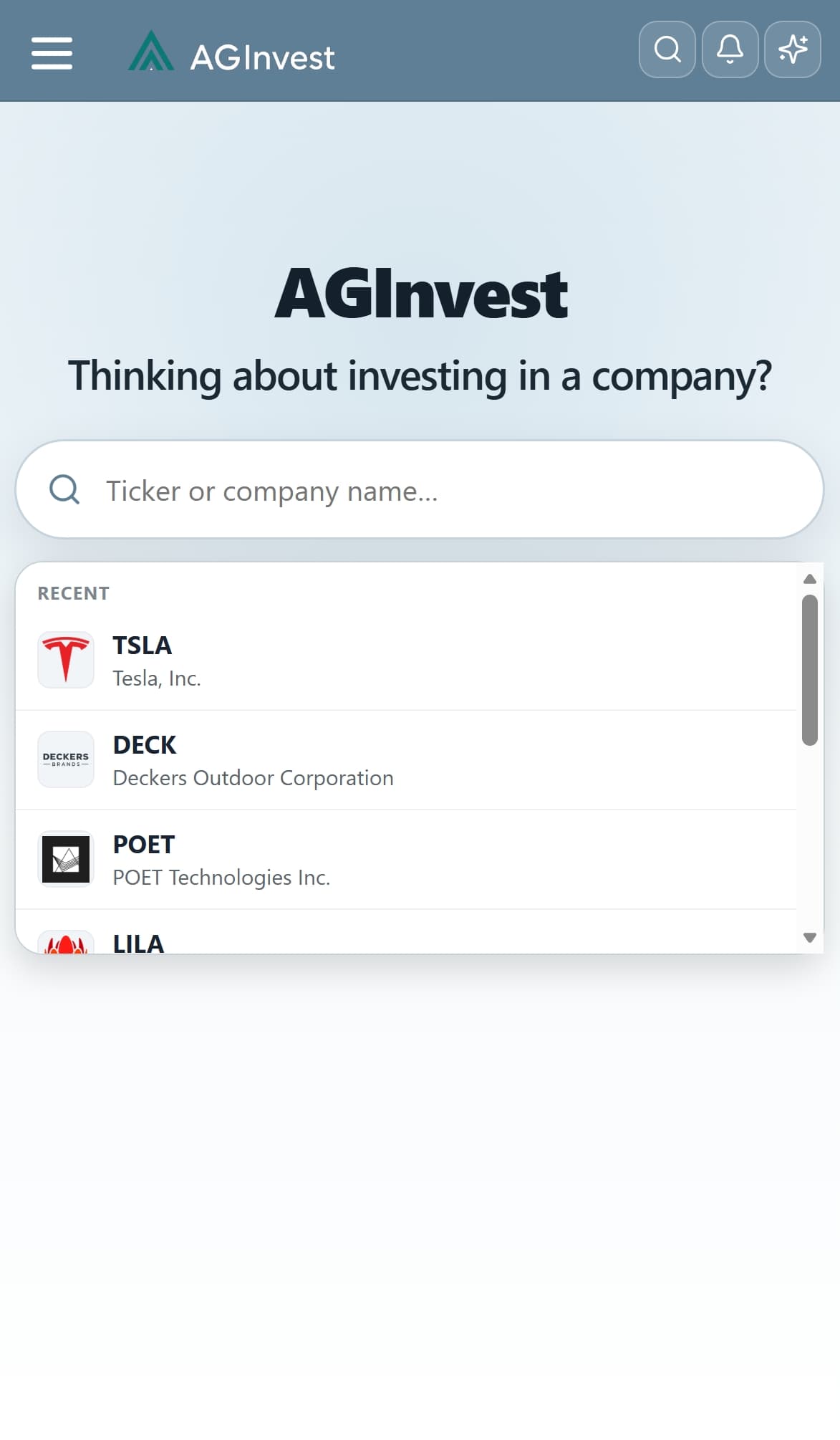 AGInvest search: type a ticker or company name, with recent names such as Tesla and Deckers.