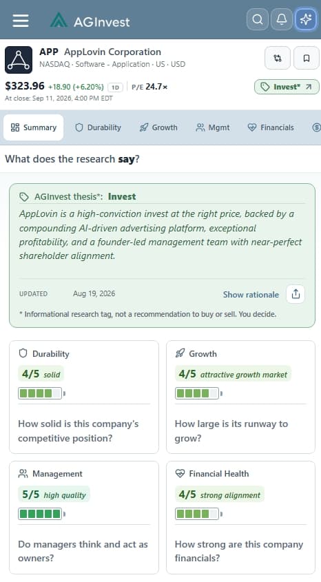AGInvest summary for AppLovin: Invest thesis with durability, growth, management, and financial health scores.