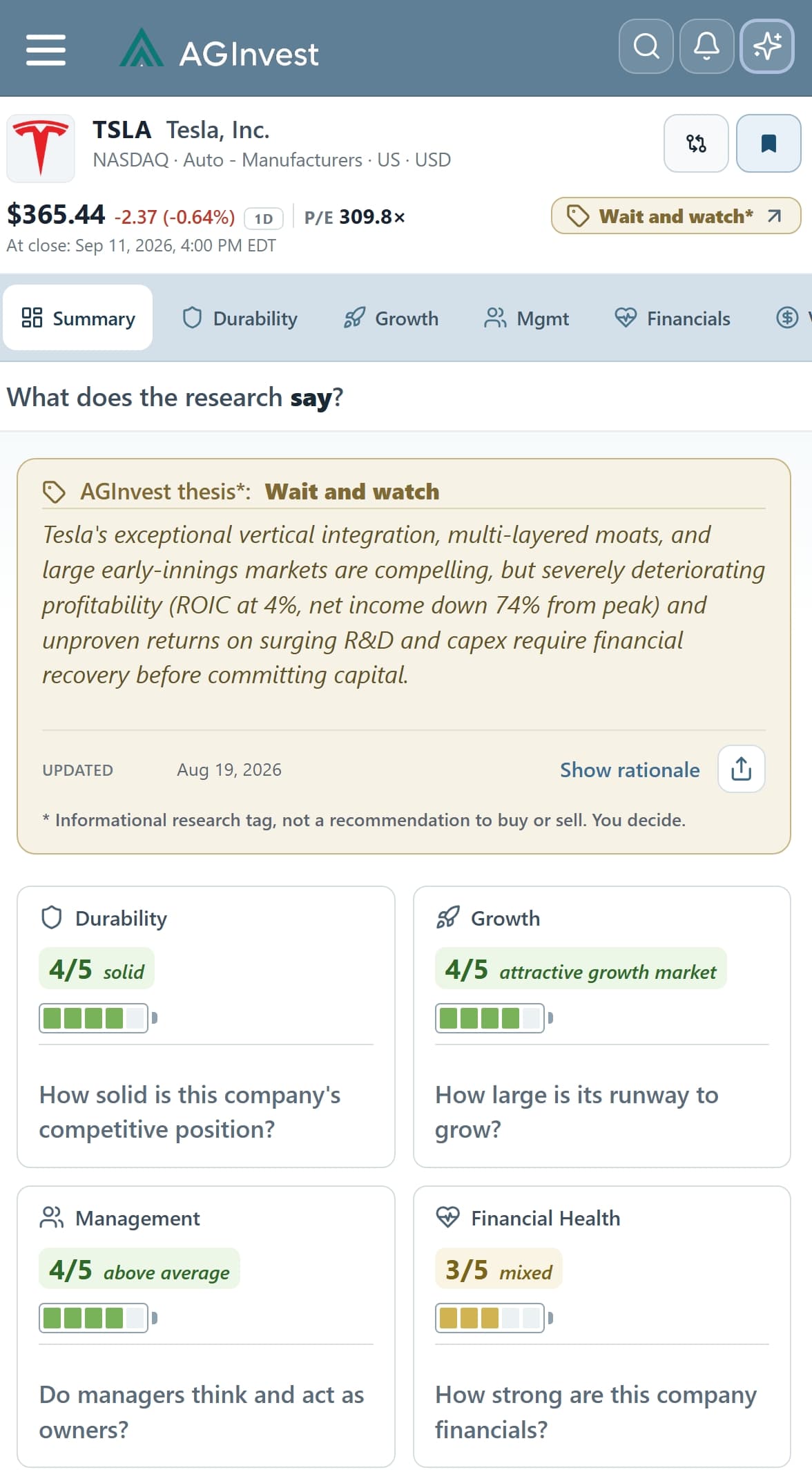 AGInvest summary for Tesla: Wait and watch thesis with four pillar scores.