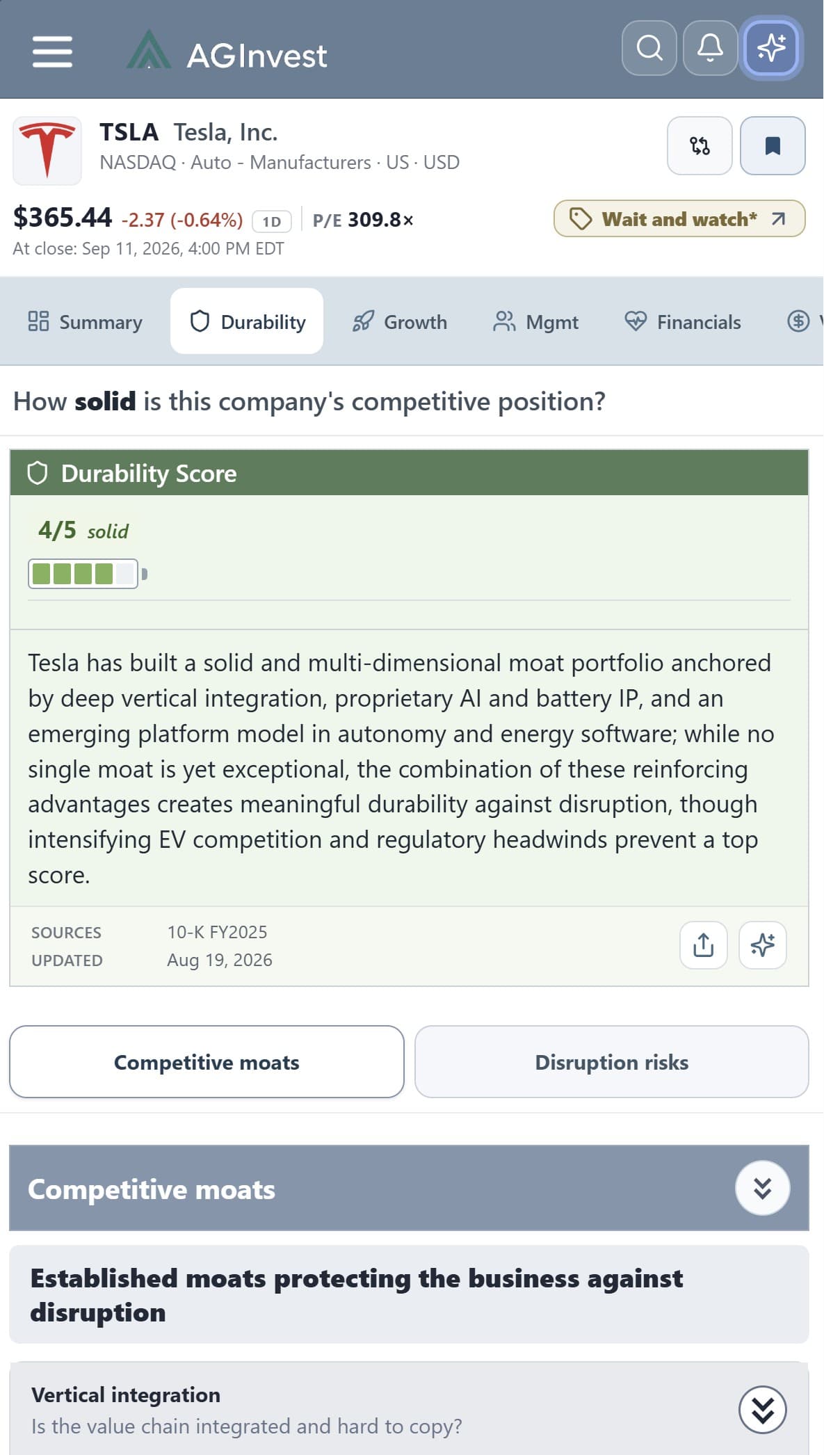 Durability tab scoring Tesla’s competitive position, with a source-backed rationale.