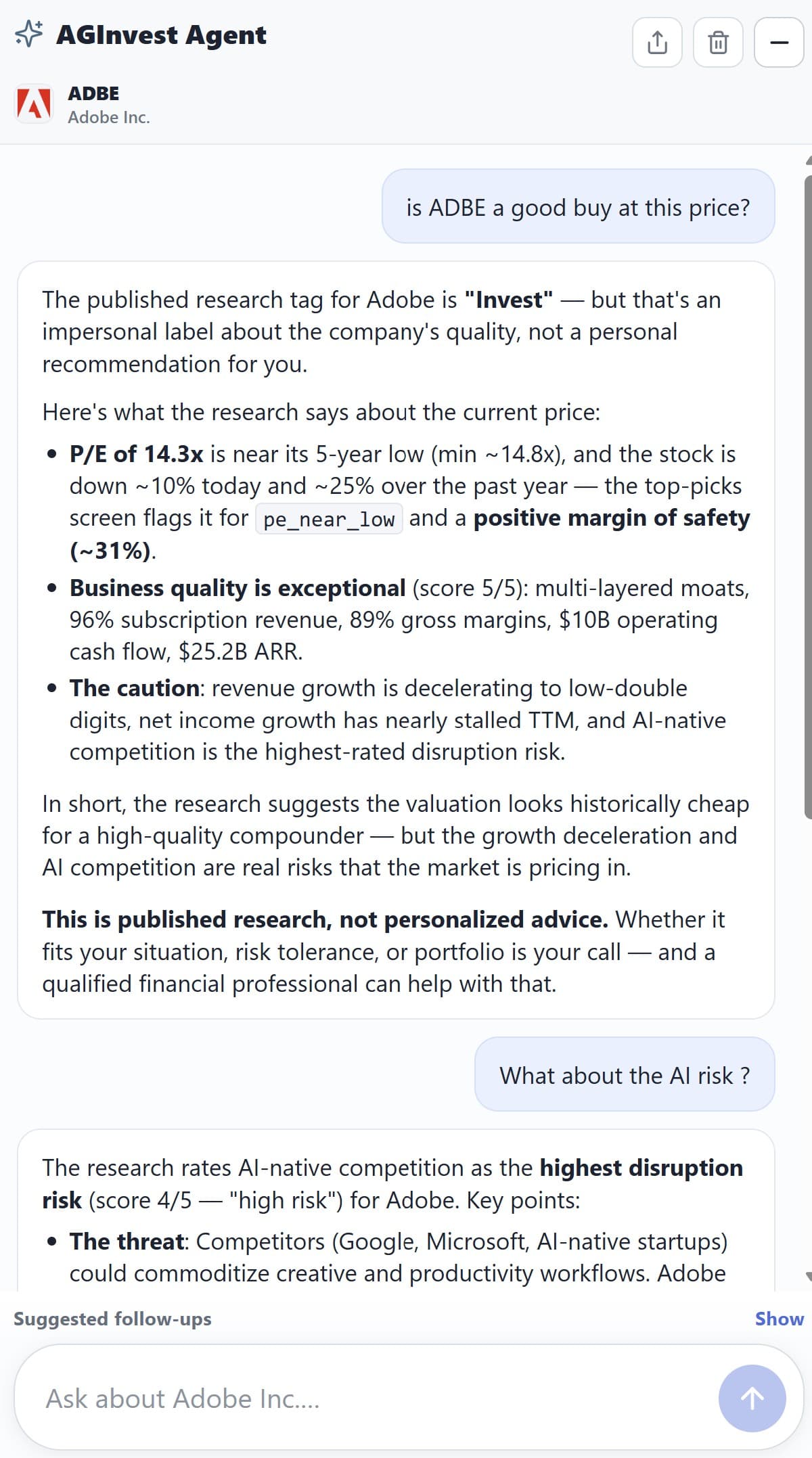 AGInvest Agent answering whether Adobe is a good buy at this price, grounded in the report.
