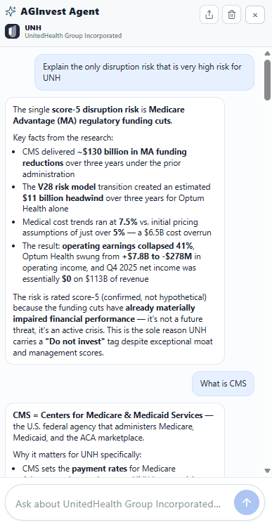 AGInvest Agent answering a question about UnitedHealth’s highest disruption risk, grounded in the report.