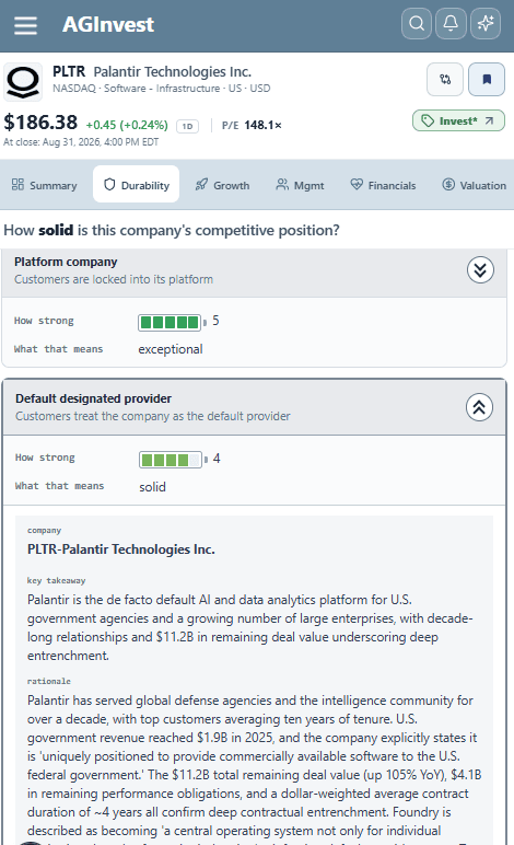 Durability tab scoring Palantir’s competitive position, with source-backed rationale.