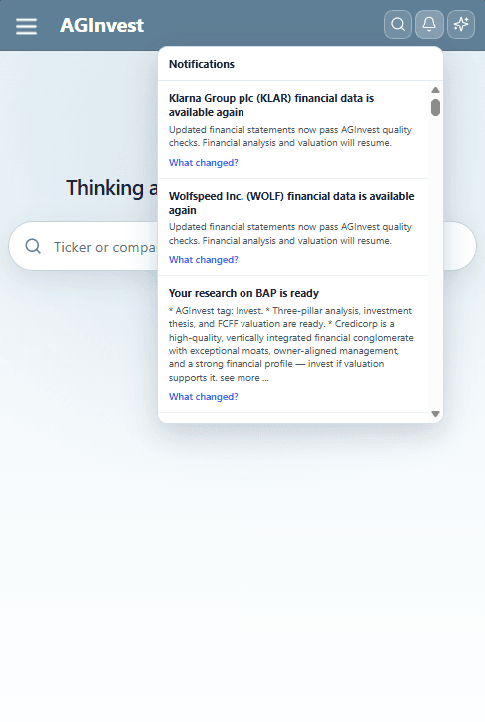 In-app notifications when research is ready and when a company’s analysis is updated.